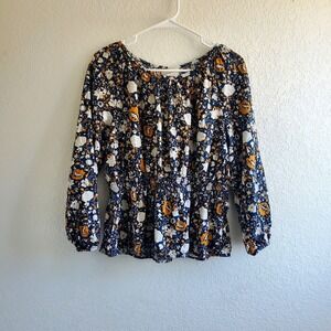 Universal Thread Blouse Top Women L Blue Gold Floral Peplum Preppy Peasant